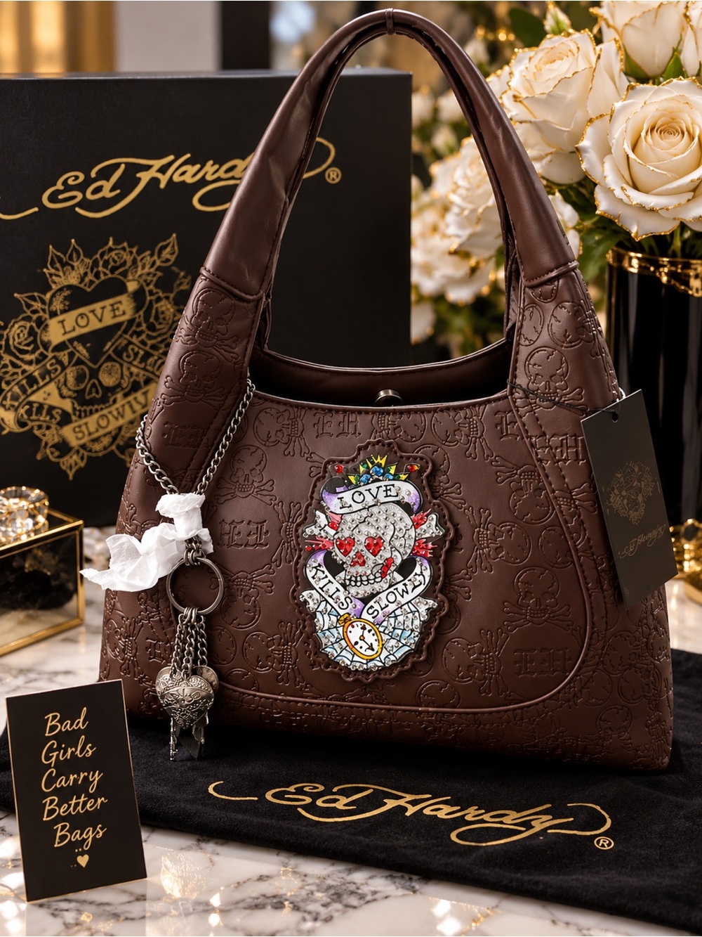 Ed Hardy Brown Embossed Shoulder Bag with Colorful Heart Patch